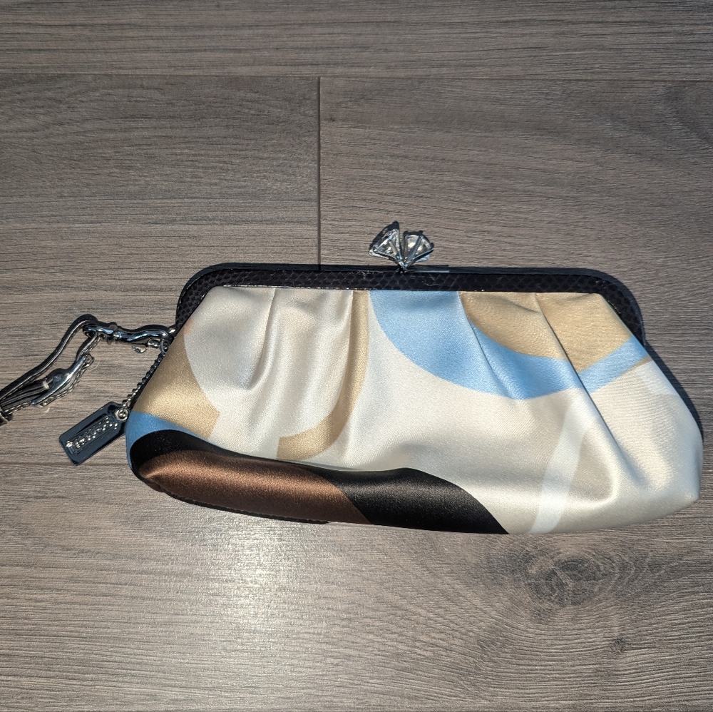 Coach wristlet dinner satin clutch with snake skin trim gold, cream, blue